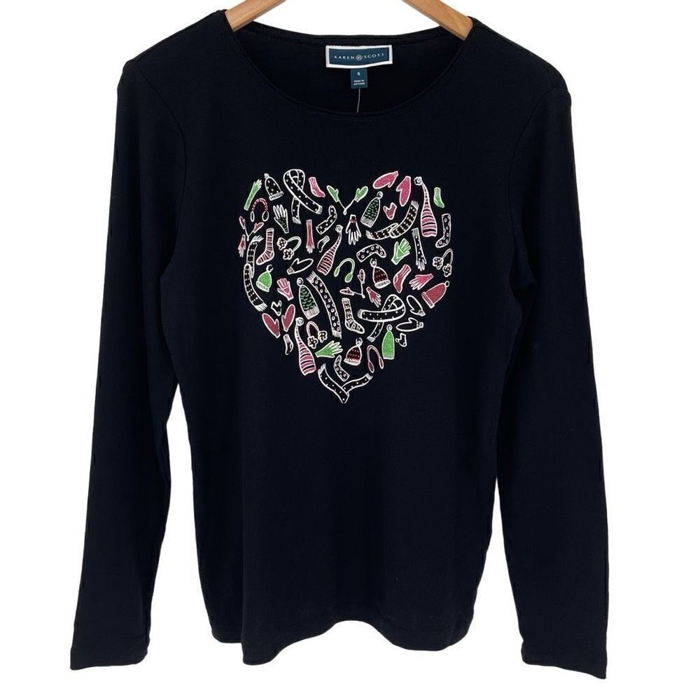 Karen Scott Love Heart Winter Graphic Long Sleeve T-Shirt Women Small Deep Black